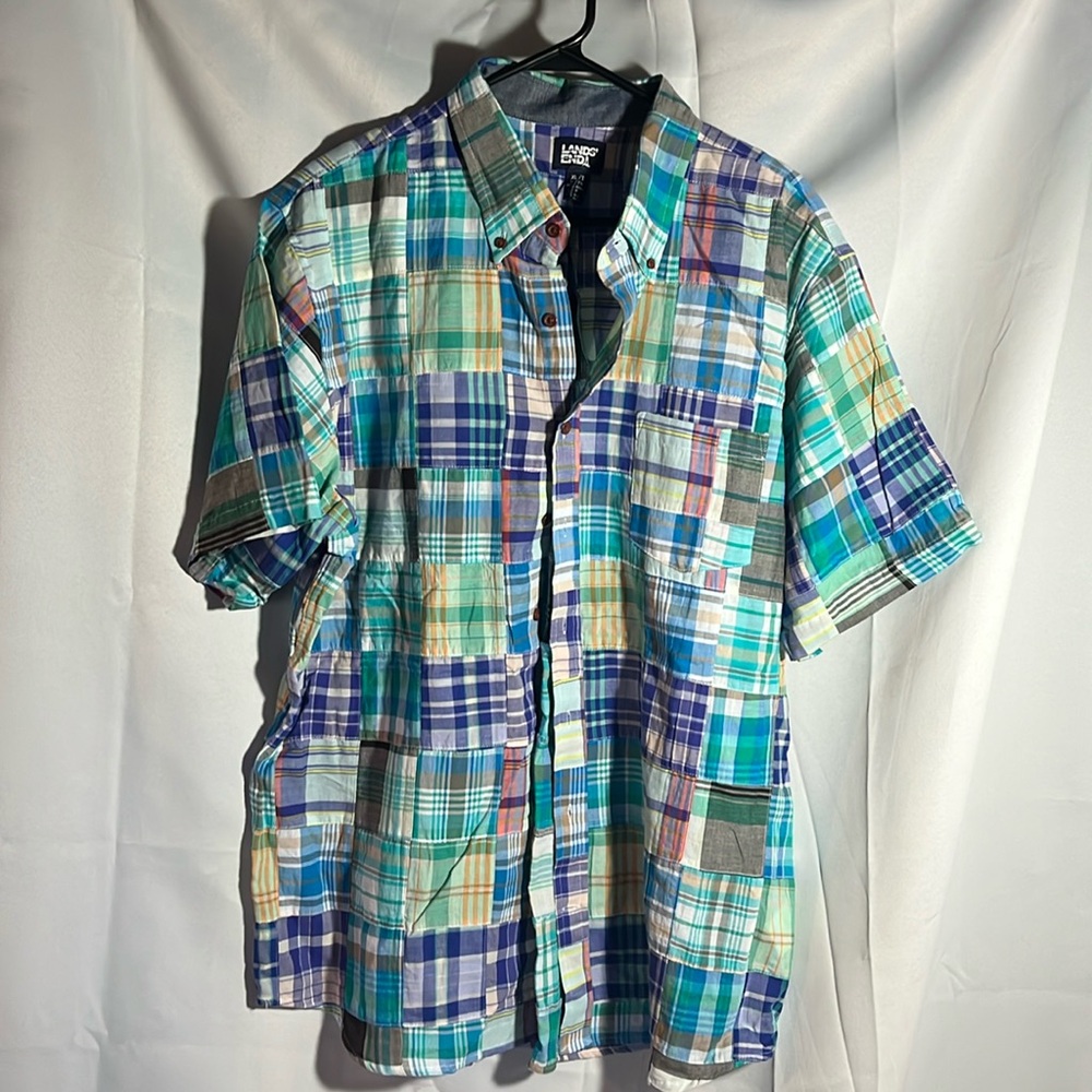 Lands’ End cotton button down - blue/green plaid - XL - NWOT
